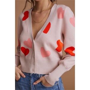 Maeve x Anthropologie Lily Hearts Cardigan Sweater Puff Sleeve Size Medium